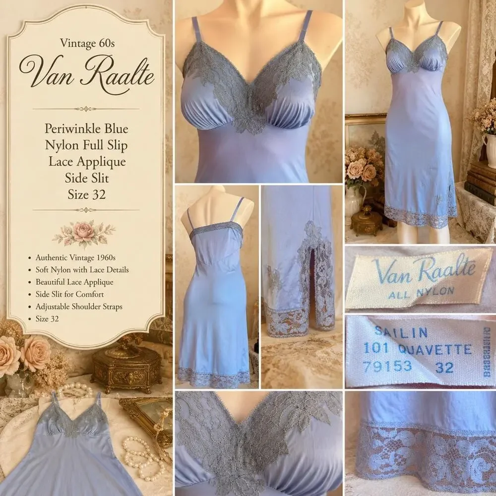 Vintage 60s Van Raalte Periwinkle Blue Nylon Slip Lace Applique Side Slit Sz 32